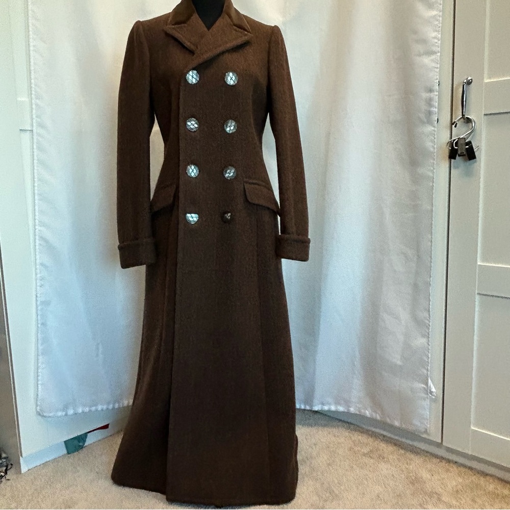 Ralph Lauren Chocolate Brown plaid check Long double breasted wool Coat Sz 8